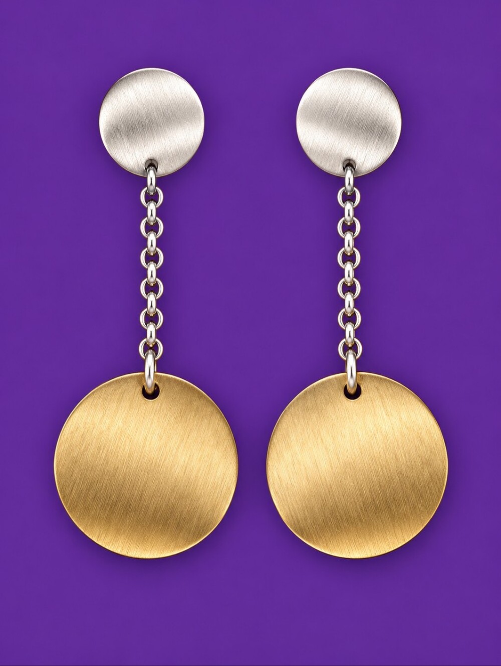 Vintage Two-tone Gold and Silver Matte Disc Drop Earrings